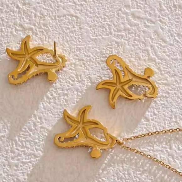 Seahorse Starfish Crystal 18K Gold Stainless Steel Waterproof Earrings - Picture 5 of 11